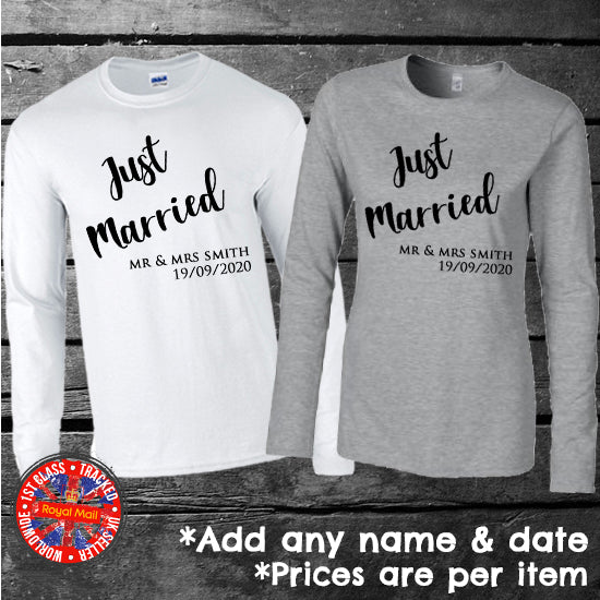 Just Married Matching Personalised Long Sleeve T-shirts