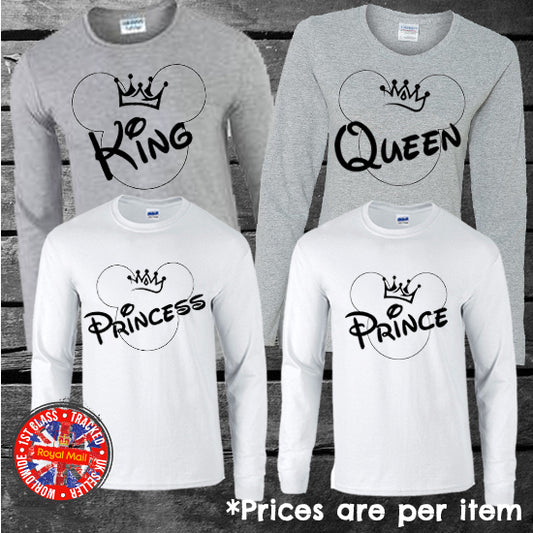 King Queen Prince Princess Mickey Minnie Matching Family Long Sleeve T-shirts