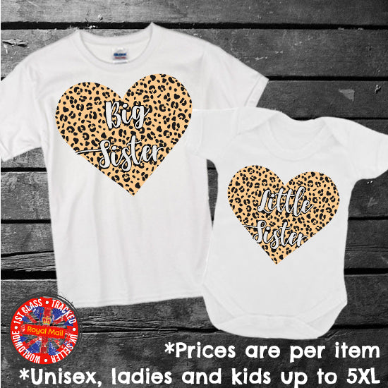 Leopard Print Heart Big Sister Little Sister T-shirt