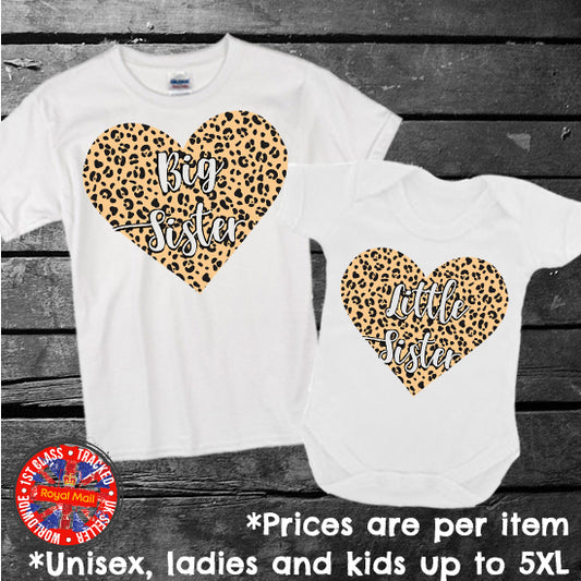 Leopard Print Heart Big Sister Little Sister T-shirt