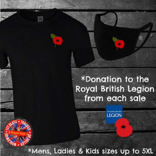 Matching Embroidered Poppy T-shirt & Face Mask Mens Ladies Kids